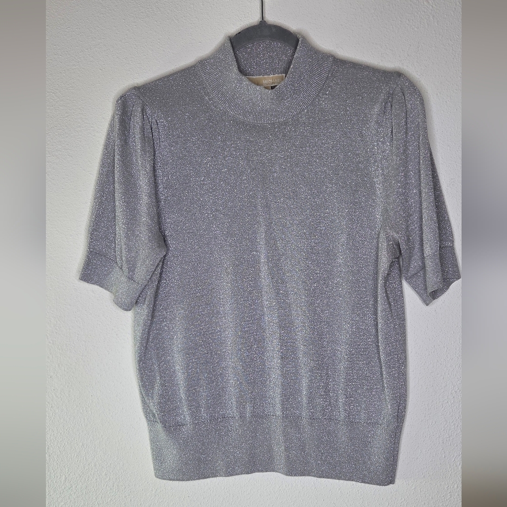 Michael Kors Metallic Silver Mock Neck Short-Sleeve Sweater - Size Large - Picture 2 of 15